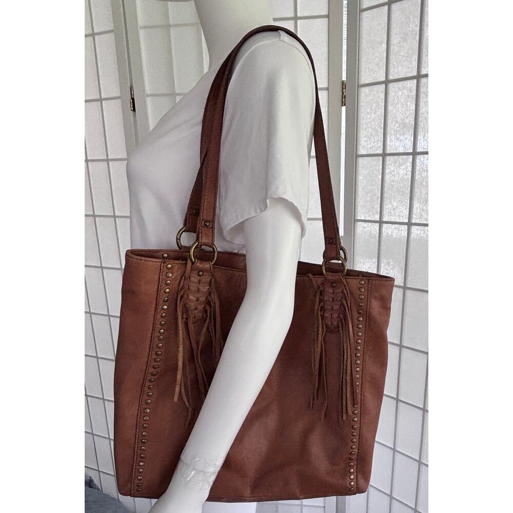 The Sak Cognac Leather Tote Bag Studded Fringe Large Boho Shoulder Bag  Festival - Picture 2 of 13